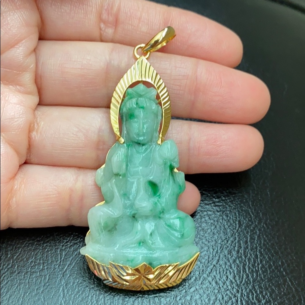 14k Real Gold Guanyin Kwan Yin Buddha Jade Pendant